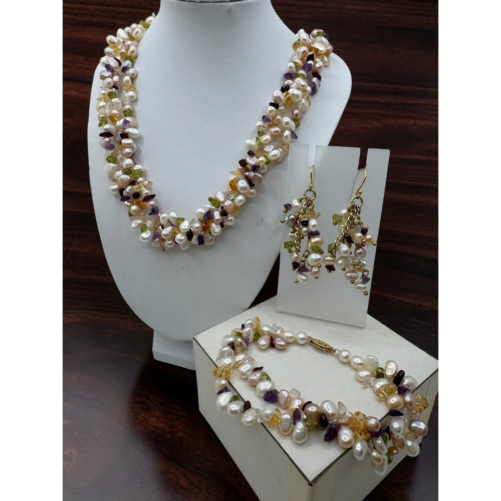 14k Gold Clasp Pearl & Gemstone Multi Strand Necklace Bracelet Earring Pearlcore